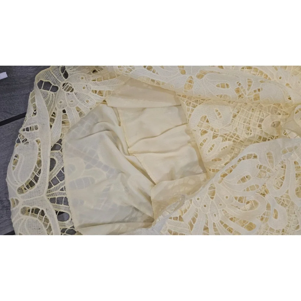 Yellow Guipure Lace Cut Out Maxi Dress Puff Sleeve Open Back V- Neck XL